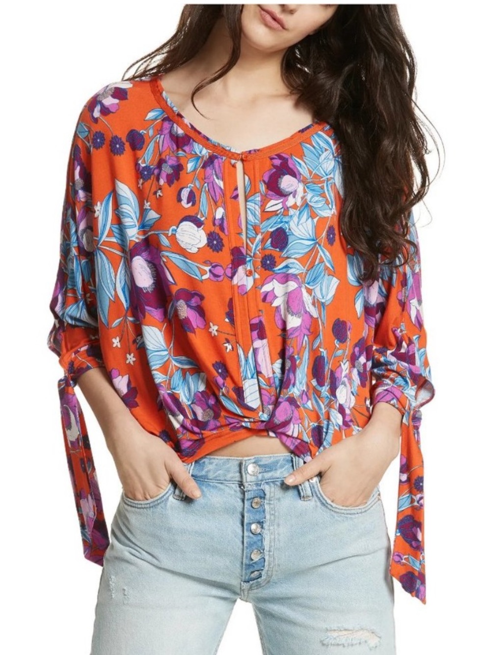 Free People Keepin’ On Floral Twist Front Dolman Sleeve Top Orange Purple Large